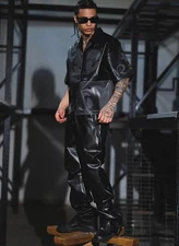 Vie riche color block leather stacked sweat pant