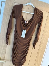 Club L Mocha Long Sleeve Ruched Mini Dress Uk 6 RRP £35