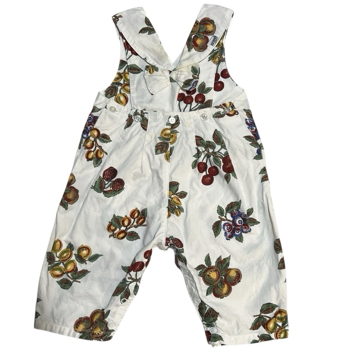 Vintage Guess Baby Fruit Print Overalls Romper Size 9M Bow Unisex Kids Outfit