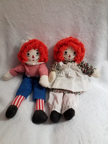 Dolls Raggedy Ann & Andy Cloth 12" Boy Girl Rag Doll Pair Orange Yarn Hair VTG - Picture 2 of 10