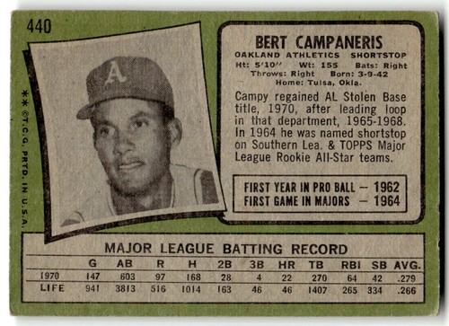 1971 Topps #440 Bert Campaneris Oakland Athletics EX-EXMINT SET BREAK! - Picture 2 of 2