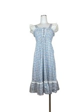 Vintage 1970s Cottagecore Floral Midi Dress w/ Eyelet Ruffle Sleeves  Lace
