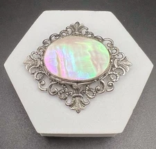 Vintage Victorian Revival Ornate Silver Tone Mother Of Pearl Pin Brooch