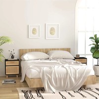 Nachttisch-Set 2Er Massivholz Kiefer Schwarz Mit Natur-Rattan