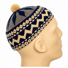 Navy-Beige Kufi Hat Muslim Beanie West African Haji Skullcap Islamic Gift Topi