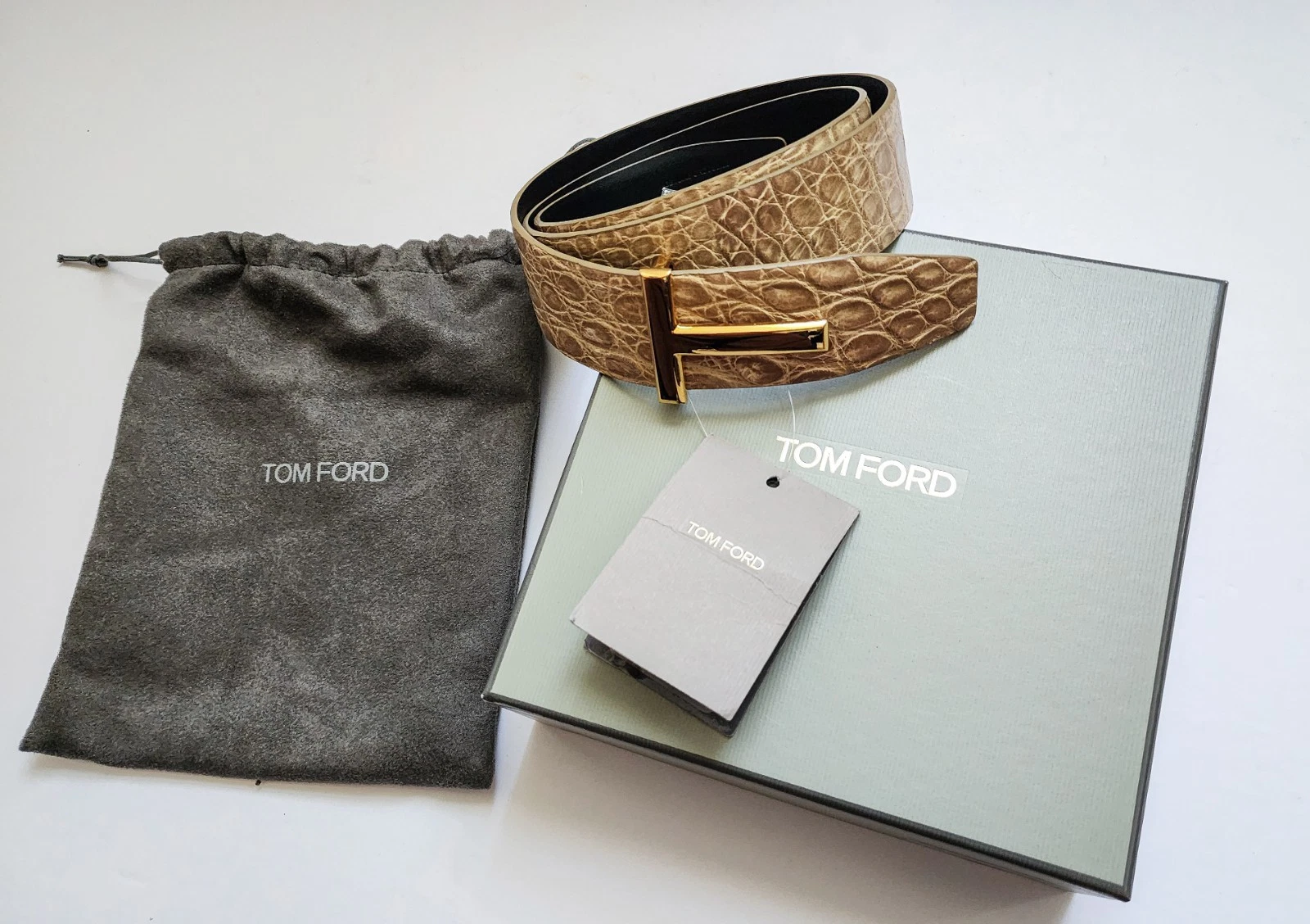 Tom Ford — TOM FORD Beige Reversible Crocodile Leather T Buckle Icon Belt Size 36 US 90 CM