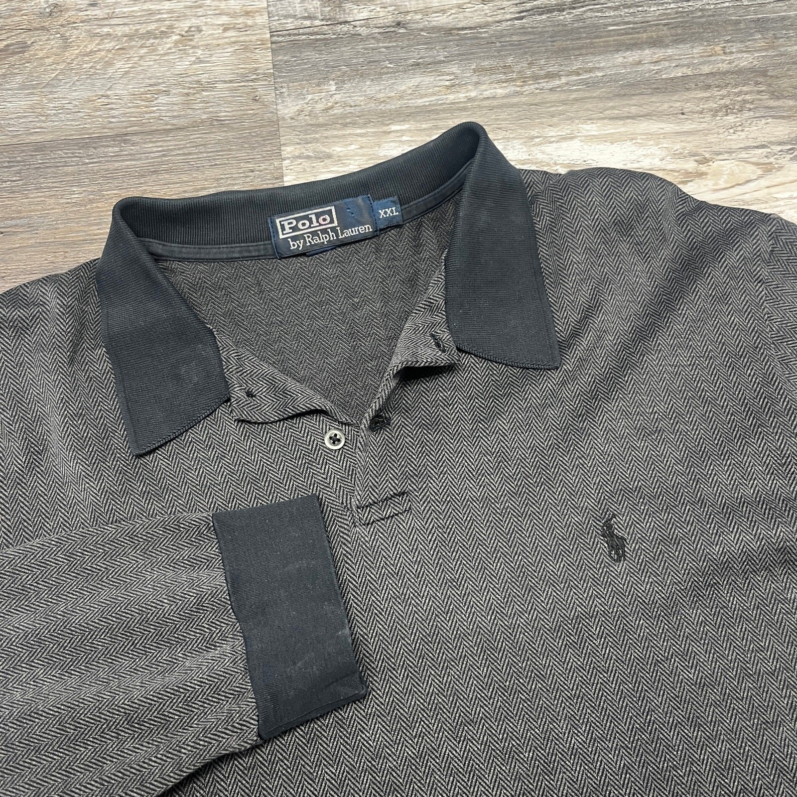 Vintage Polo Ralph Lauren Long Sleeve Gray Grey Chevron Mens 2XL Pima Polo Shirt