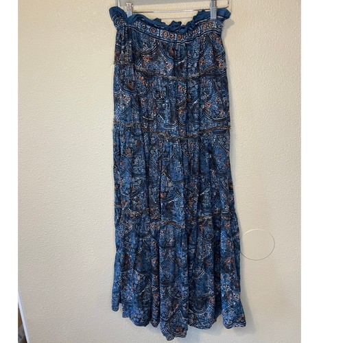 Free People Boho Cottage Core blau bedruckt abgestuft Leinenmischung Maxirock Small - Bild 1 von 16