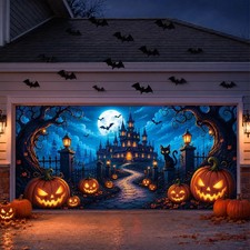 7 x 16 FT Halloween Garage Door Cover, Haunted Castle, Pumpkin and Black Cat ...