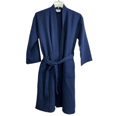 Chakir Turkish Linens Robe Unisex Medium Navy Waffle Spa Kimono Belted Pockets
