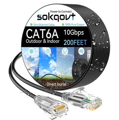 Cat6a Ethernet Cable Slim 200ft Outdoor&Indoor, 28AWG Pure Copper Cat6 Internet