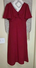 No Brand - Romantic Red Ruffled V neck Midi Dress, Date Night Women's Size XS