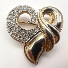 Vintage Y2K Clear Rhinestone Heart Swirl Gold Tone Brooch Pin Women's Jewelry