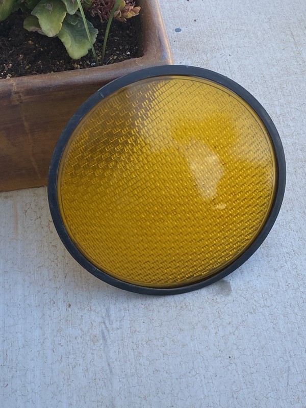 VINTAGE YELLOW 12 INCH, KOPP TRAFFIC LIGHT LENS ORIGINAL GLASS & RUBBER GASKET