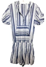 Tavik Striped Hooded Romper S Cotton Lined Kangaroo Pockets Blue White Short NEW