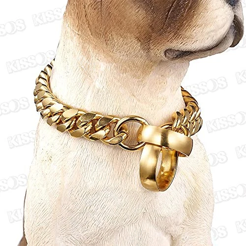 18K Stainless Steel Pet Collar with Choke Gold Chain for Large Bulldogs (Gold, 1 - Image 3 of 4