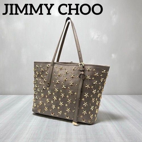 Jimmy Choo Metallic Gray Leather Star Studded Shoulder Tote Bag Gold Hardware