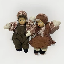 Vintage Boy & Girl Porcelain Cloth Rag Doll White Hair Pair Matching Outfits