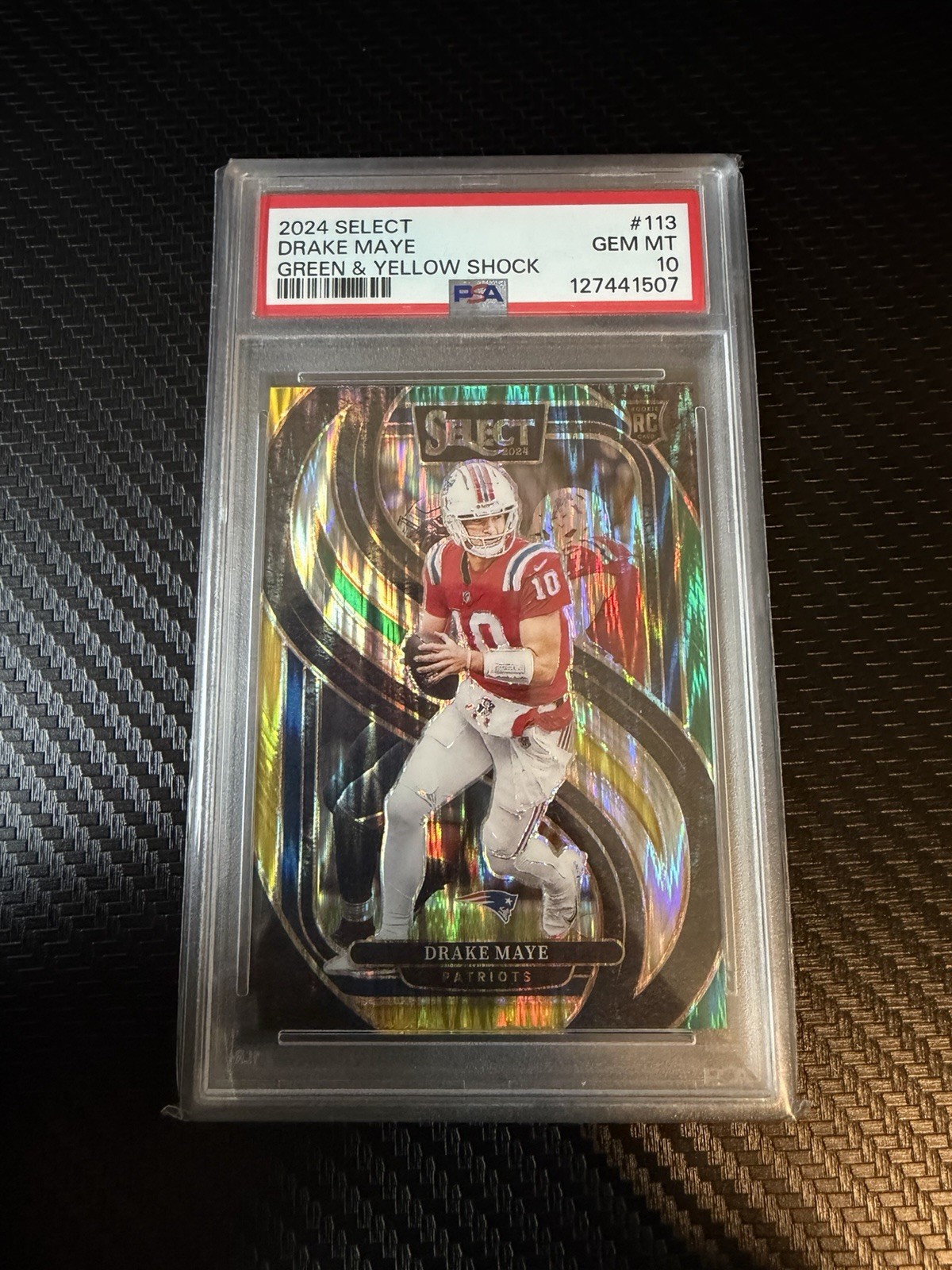 2024 Panini Select - Premier Level Drake Maye #113 Green & Yellow Shock PSA 10