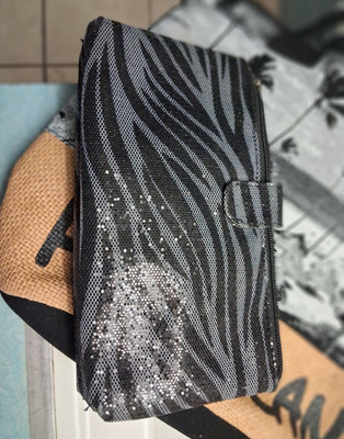 Black & Silver Zebra Print Sequined Makeup Bag Organizer, Zipper Closure