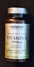Radiance Platinum Vitamin K 100 mcg 30 Tablets Supports Bone & Joint Health
