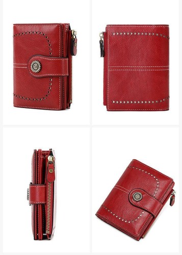 RFID Women's Short Wallet, Oil Wax Leather Coin Purse, Card Holder - Picture 15 of 18