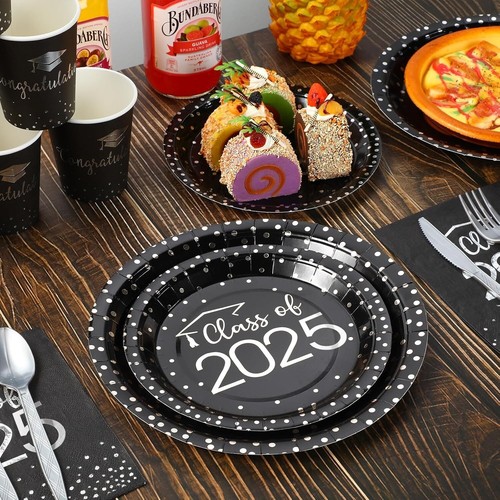 700pcs Graduation Party Supplies - Stylish Black & Silver Plates & Napkins - Picture 7 of 10