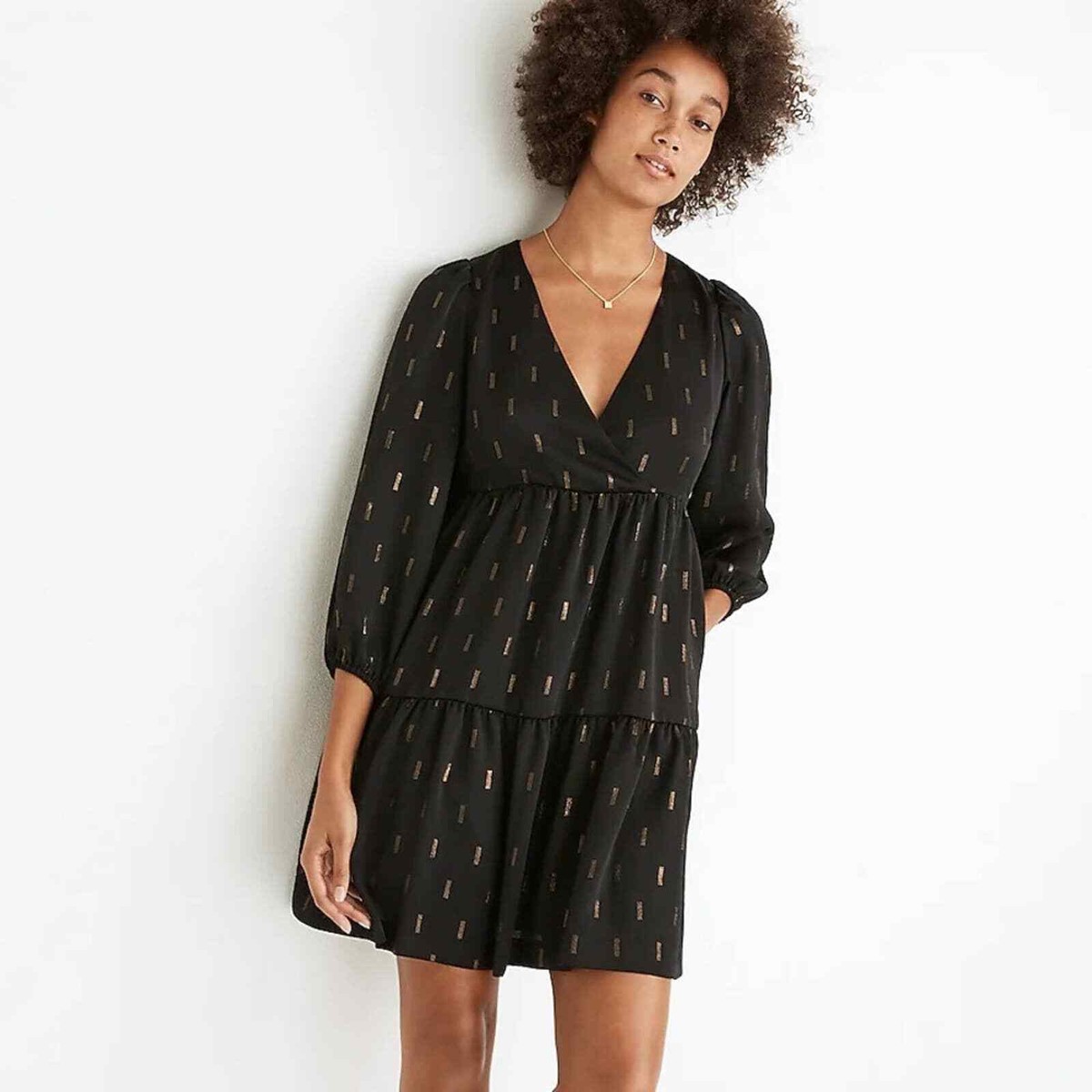 Madewell Black & Gold Metallic Jacquard Faux-Wrap Tiered Mini Dress Size XXS