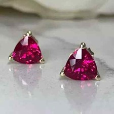 2Ct Trillion Cut Lab Created Ruby Solitaire Stud Earrings 14K Yellow Gold Plated