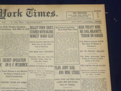 1922 JUNE 18 NEW YORK TIMES - IRISH TREATY WINS BIG DAIL MAJORITY - NT 8415