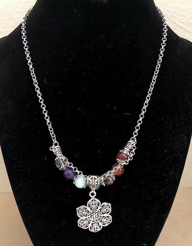 Chakra Necklace Genuine Stone W Lotus Pendant Beaded 16+2” Artisan USA 1049 - Picture 2 of 3