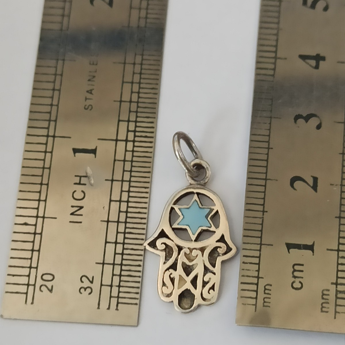Collana Uomo Argento 925 Hamsa Stella Di David Con Abalone Blu, Vintage Filigrana