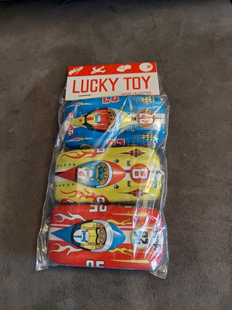 Vintage LUCKY TOY Tin Race Car Set In Original Package