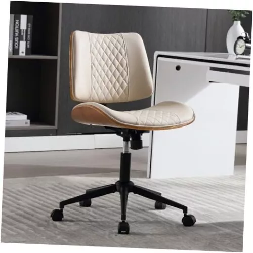 Home Office Chair No Arms with Wheels, Adjustable Height Small PU Leather Biege