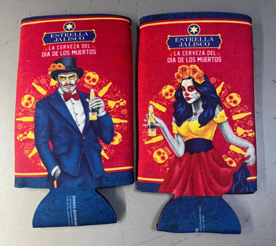2 New AUTHENTIC ESTRELLA JALISCO Dia de Los Muertos Slim Can Beer Koozie