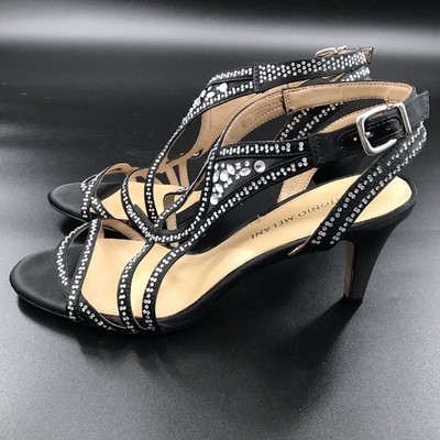 Antonio Melani Women s Black Satin w Rhinestones Strappy Open Heels Size 8.5