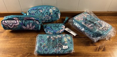 5 PC Lot Vera Bradley Peacock Garden RFID Slim Wristlet, Makeup Bag + More