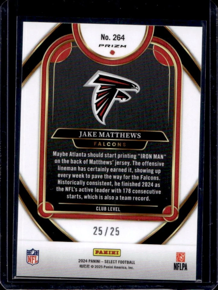 2024 Select Jake Matthews Club Blue Disco Prizm #25/25 Falcons - Image 2 of 2