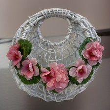 Vintage White Wicker w/Pink Floral Basket With Pocket  Handle Wall Decor