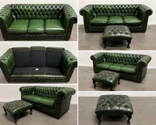 Vintage Green Leather Chesterfield Sofa & Footstool – 3 Seater