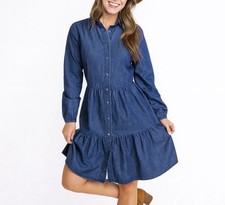 J Crew Chambray Shirt Dress Women Size 6 Blue Denim Button Front Tiered Mini