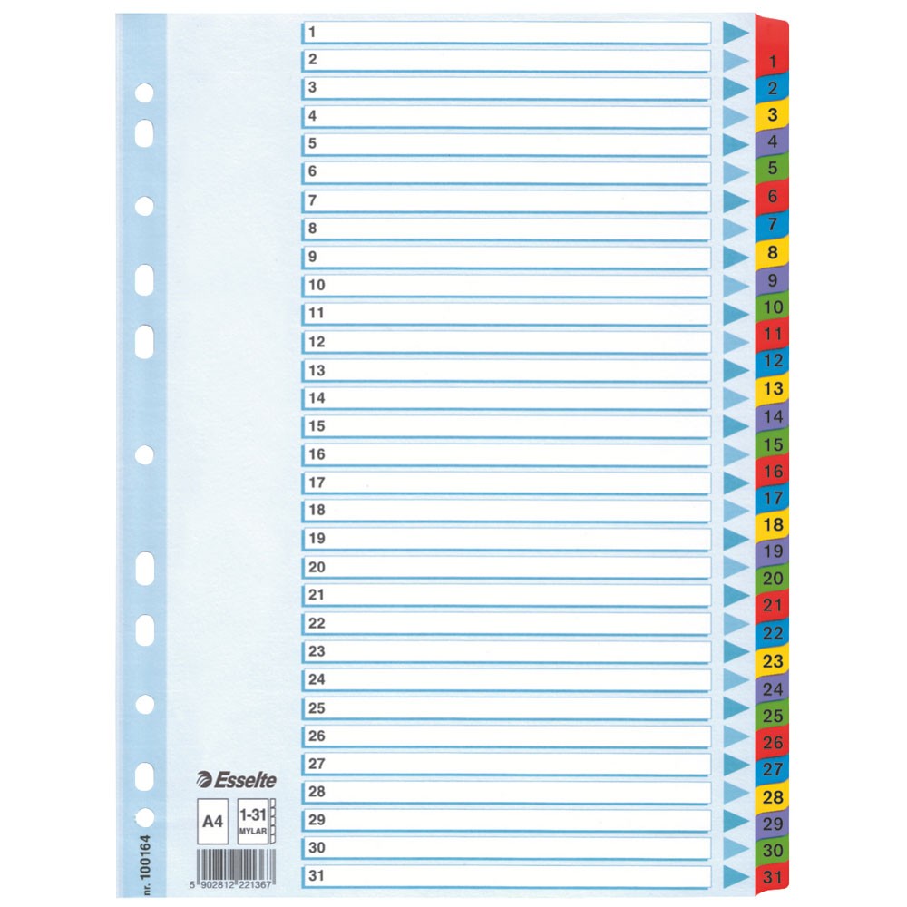Esselte A4 Mylar 1-31 Part Dividers - Multi-Coloured - Image 2