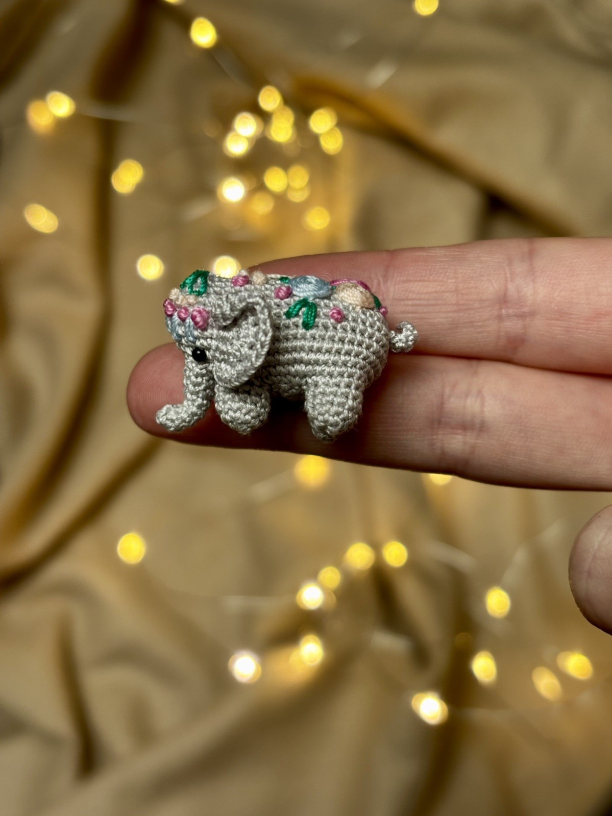Grey Micro Crochet Elephant with Embroidery – Tiny Amigurumi Collectible 