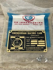 Vintage Iskenderian Racing Cam Brass Hot Rod Tag / Plaque - 2" x 3"