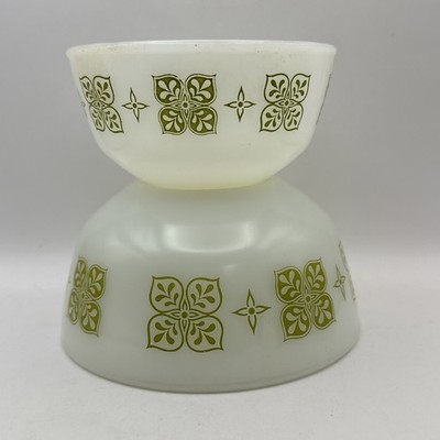2 Anchor Hocking Fire King Glass Bowls Green Dutch Clover 5  & 6  Vintage