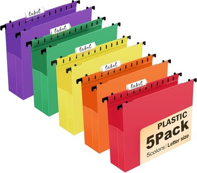 5 Pack Plastic Hanging File Folders, Letter Size | Heavy Duty 2'' Expanding