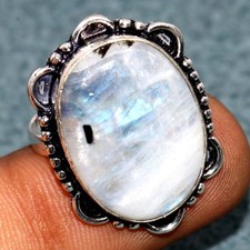 925 Silver Plated Rainbow Moonstone Ring US 6.5 Statement Jewelry Trendy GW