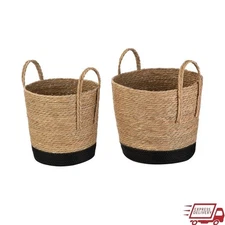 Natural Black Round Handwoven Rush Storage Baskets Set of 2 W/ Handles New