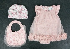 Nicole Miller Baby Girl Floral Print Bodysuit Dress with Bib and Hat Size 6-9 M