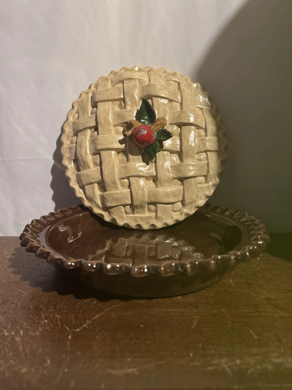 Vintage Ceramic Cherry Pie Plate Dish Keeper Holding Server With Covered Lid